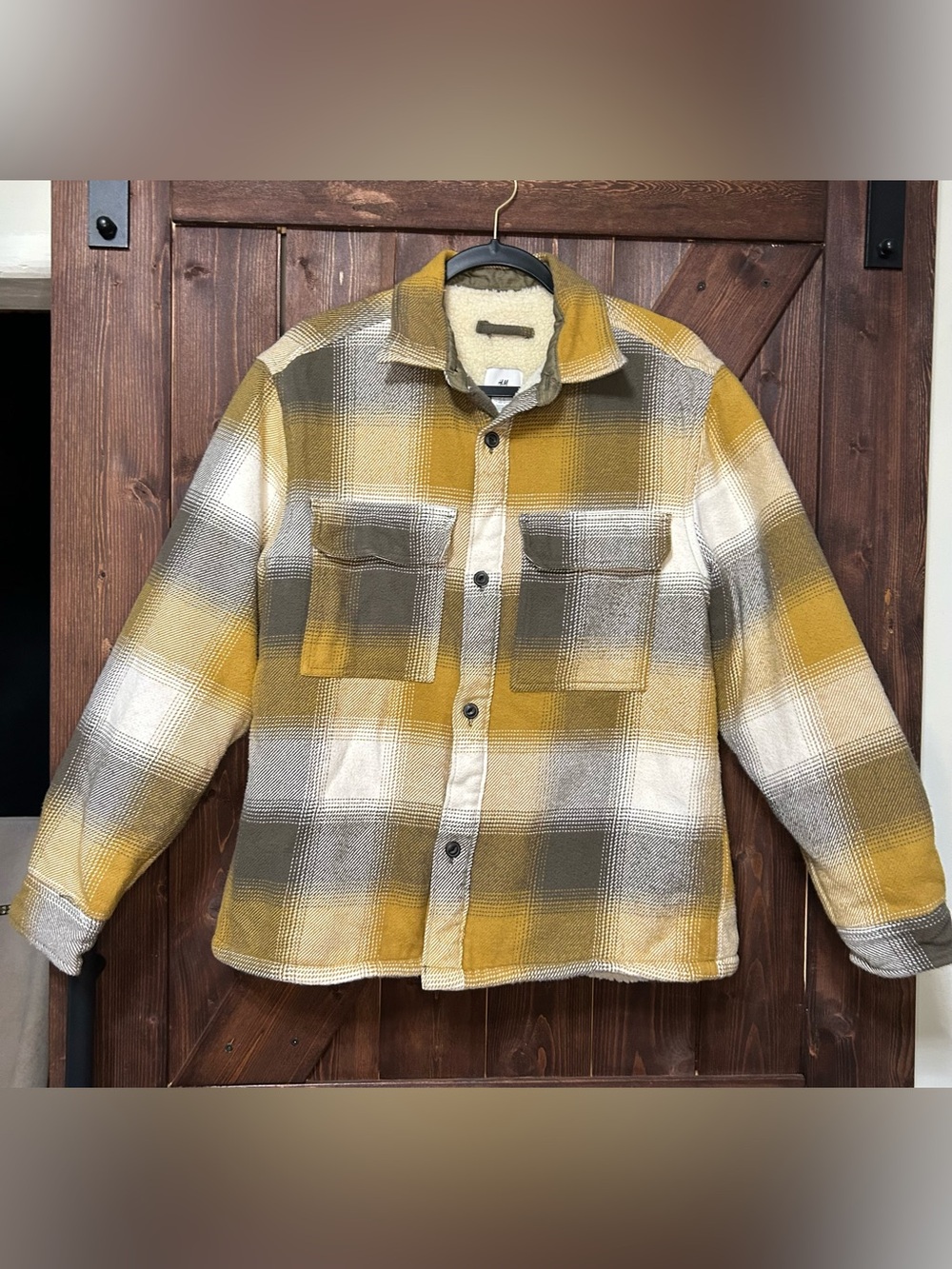 H&M Men's Yellow and Olive Plaid Button-Front Shirt Jacket